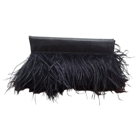 Black Leather Feather Clutch Bag Genuine Leather Evening Purse Boho Chic Handbag - Picture 3 of 14
